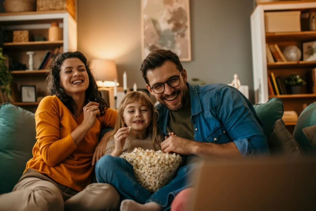 A Canadian family enjoying movie night together on the couch with popcorn
