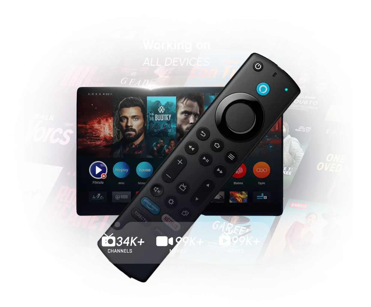 Amazon Firestick remote in front of a TV displaying Canadian streaming content