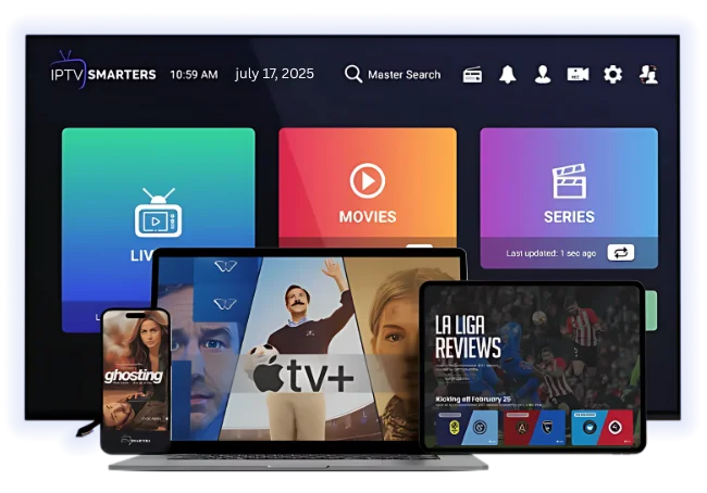 IPTV Smarters Pro running on a 4K TV with Live, Movies and Series tiles — plus the same subscription on a laptop, tablet and phone