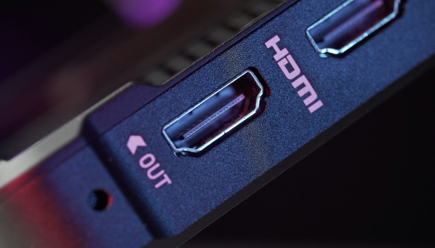 Close-up of an HDMI output port on a black device